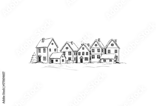 Charming snowy village scene with quaint houses in black and white sketch art style - stock vector