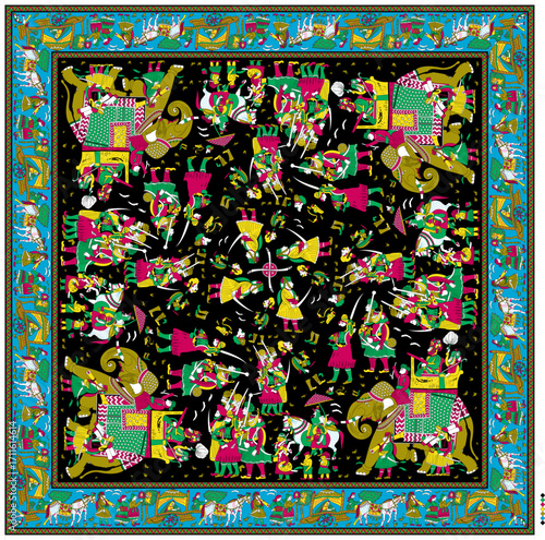 Colorful Abstract Folk Art Scarf Vector with Animals and Floral Motifs