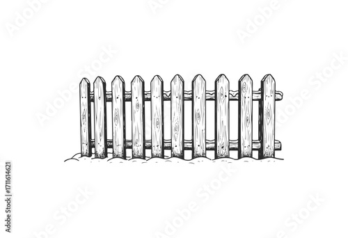Illustrated wooden fence with snow accumulation in black and white - stock vector