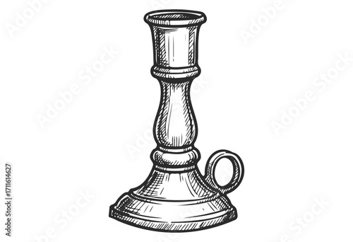 Antique brass candlestick holder sketch with handle and detailed design - stock vector