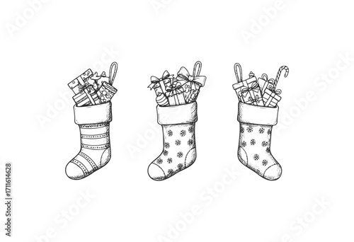 Three hand-drawn christmas stockings filled with gifts and candy canes - stock vector