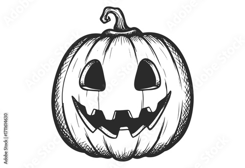 Smiling jack-o'-lantern pumpkin sketch with carved face for halloween celebration - stock vector