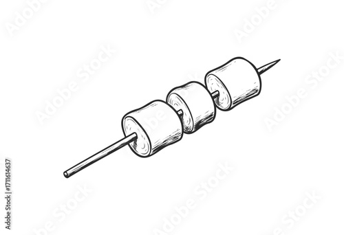 Black and white sketched marshmallows on skewer - stock vector