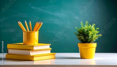 Yellow school supplies on a table