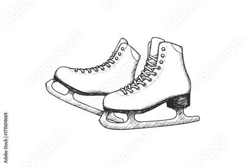 Sketch of classic ice skates in black and white line art - stock vector