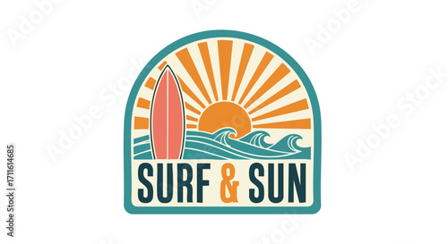 Vintage surf and sun logo with surfboard and waves for summer vacation vibes design