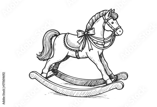 Hand-drawn vintage rocking horse with saddle and bow - stock vector