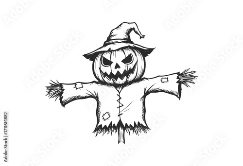 Spooky pumpkin scarecrow with tattered hat and clothes - stock vector