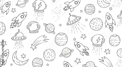 Fun cosmic adventure awaits with this whimsical galaxy themed seamless pattern design