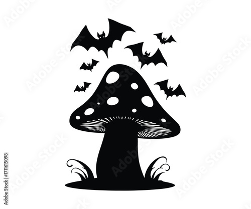 Spooky Silhouette A whimsical mushroom silhouette with bats flying overhead, perfect for Halloween cards, decorations, or fantastical designs