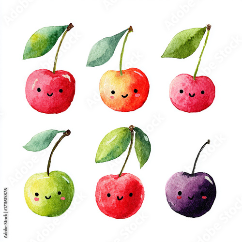 Cute Watercolor Kawaii Cherries with Smiling Faces and Leaves