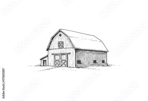 Rustic barn sketch with detailed architecture and minimalist style - stock vector