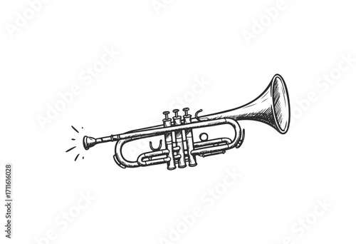 Detailed hand-drawn trumpet sketch with musical notes - stock vector