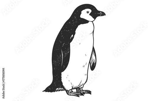 Vintage-style penguin illustration detailed black and white sketch - stock vector