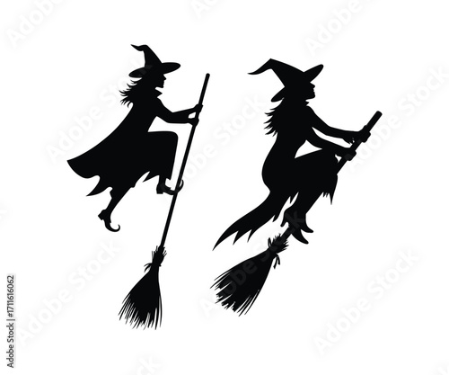 Silhouette of witch flying on a broomstick illustration