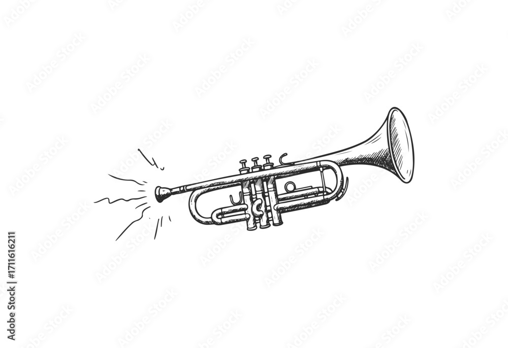 Naklejka premium Hand-drawn sketch of a trumpet with sound illustrations - stock vector