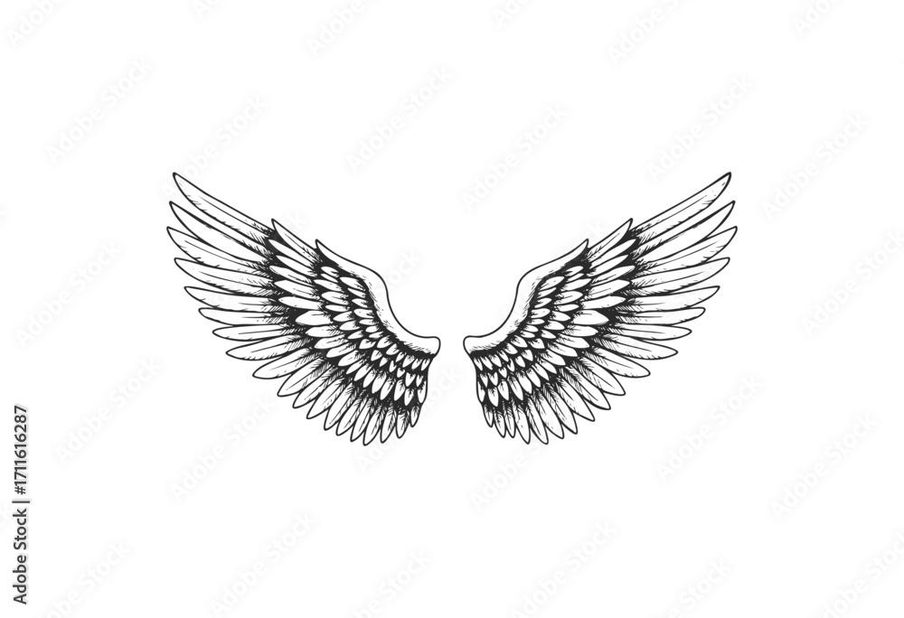 Obraz premium Intricate black and white angel wings illustration - stock vector
