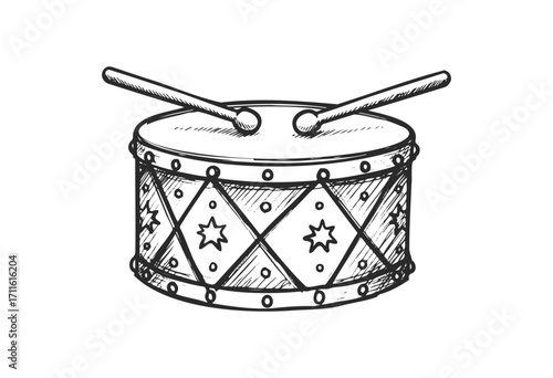 Vintage hand-drawn drum with drumsticks illustration in black and white - stock vector