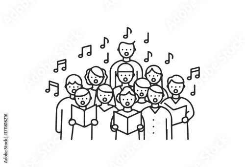 Group of diverse individuals singing in choir with music notes - stock vector