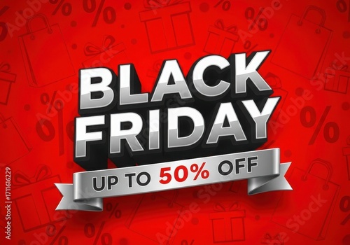 Bold black friday sale announcement with up to fifty percent off discount offer