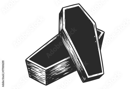 Monochrome illustration of two stacked coffins with bold lines - stock vector