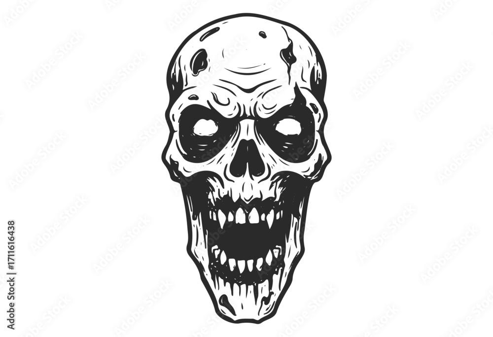 Fototapeta premium Grinning skull with hollow eyes: detailed black and white sketch - stock vector