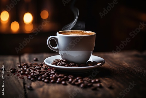 Close up at coffee cup on a wooden table with coffee beans drink refreshment cappuccino.