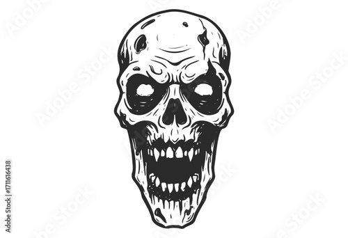 Grinning skull with hollow eyes: detailed black and white sketch - stock vector