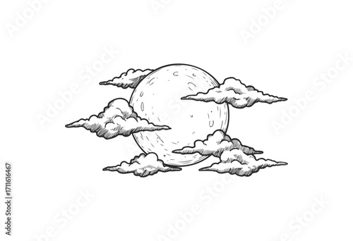Full moon shrouded by clouds in intricate vintage style black and white drawing - stock vector