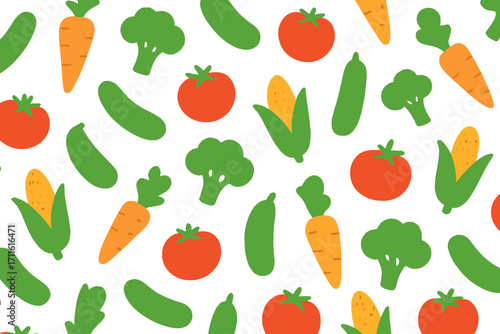 Vegetables flat icon set. featuring carrot, broccoli, tomato, cucumber, corn, and lettuce symbols