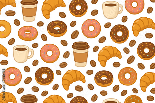 Coffee and pastry flat icon set. featuring coffee cups, donuts, croissants, and coffee beans