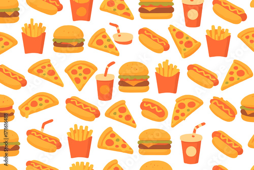 Fast food seamless pattern flat icon set. featuring burger, pizza, fries, hotdog, and soda symbols
