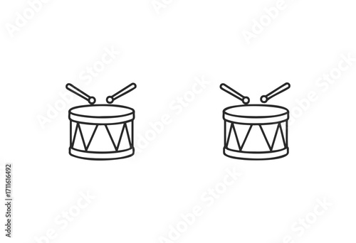 Line art of two identical snare drums with drumsticks - stock vector