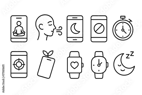 Sleep and relaxation linear icon set. featuring meditation, breathing, night mode, stopwatch, do not disturb, smartwatch, moon