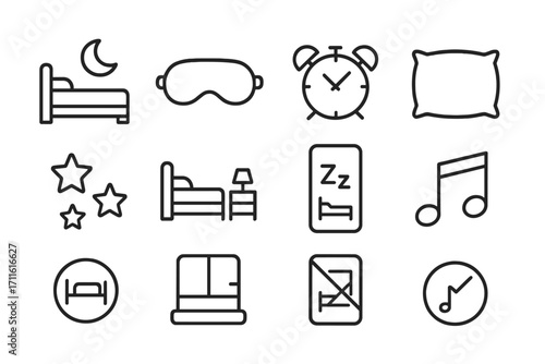 Sleep and relaxation silhouette icon set. featuring bed, mask, alarm, pillow, stars, music, and more symbols