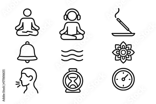 Relaxation linear icon set. featuring meditation, incense, yoga, mindfulness, aromatherapy, and breathing