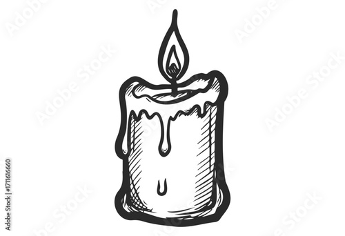 Hand-drawn melting candle sketch with dripping wax details - stock vector