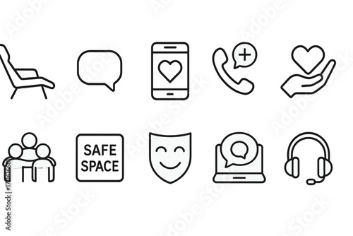 Mental health support linear icon set. featuring chat, phone, safe space, and therapy symbols