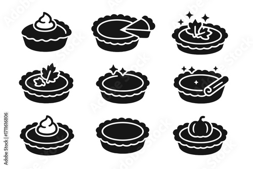 Autumn pies silhouette icon set. featuring pumpkin, apple, cinnamon, whole, slice, topped, and decorated pie icons