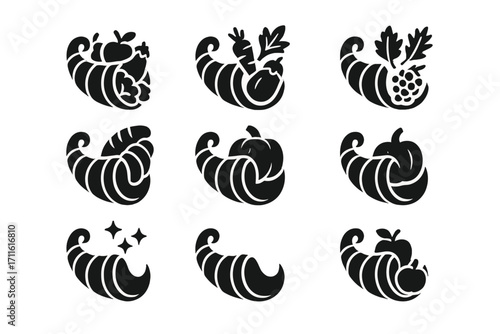 Harvest silhouette icons set. featuring cornucopia, vegetables, grapes, pumpkin, and autumn leaves