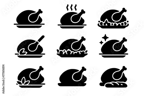 Thanksgiving dinner silhouette icons set. featuring roast turkey, drumstick, heat, garnish, and bread symbols