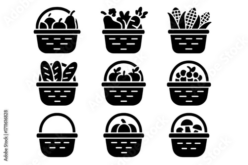 Food basket silhouette icon set. featuring fruit, vegetables, bread, ice cream, and mushroom baskets.