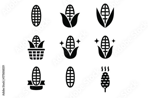 Corn silhouette icon set. featuring corn, basket, boiled, grilled, star, leaves, and husk symbols