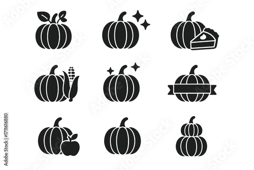 Autumn silhouette icon set. featuring pumpkin, harvest, corn, pie, and apple symbols