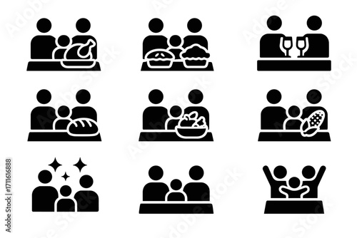 Family celebration silhouette icon set. featuring dinner, dessert, wine, bread, fruits, gifts, community symbols