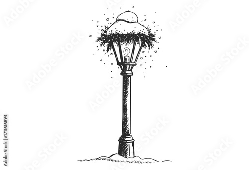 Vintage snowy street lamp in winter with frosty details and soft glow - stock vector