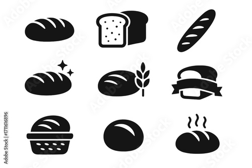 Bakery silhouette icon set. featuring bread, loaf, baguette, wheat, bun, and fresh icons