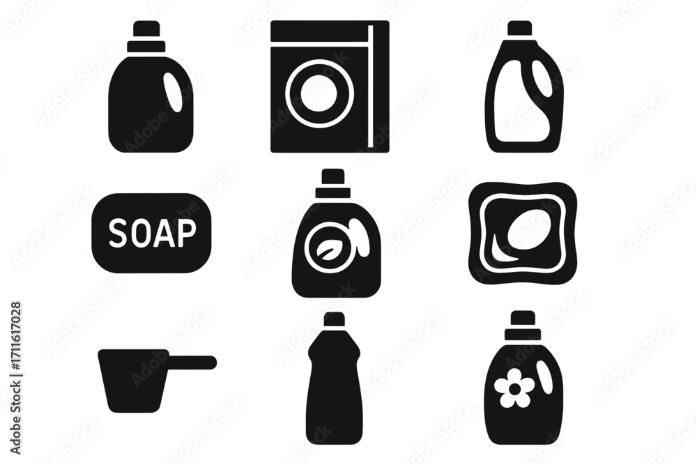 Fototapeta premium Laundry supplies silhouette icon set. featuring detergent, washing machine, soap, and fabric softener symbols