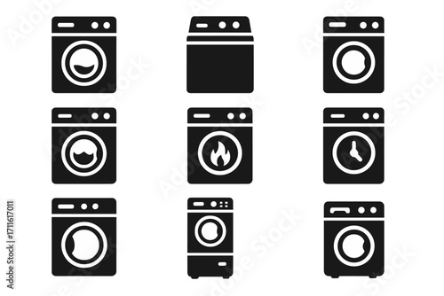 Laundry appliances silhouette icon set. featuring washer, dryer, spin, wash cycle, and timer symbols