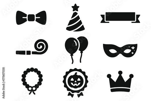 Celebration silhouette icon set. featuring bow tie, party hat, banner, blower, balloons, mask, wreath, pumpkin, crown
